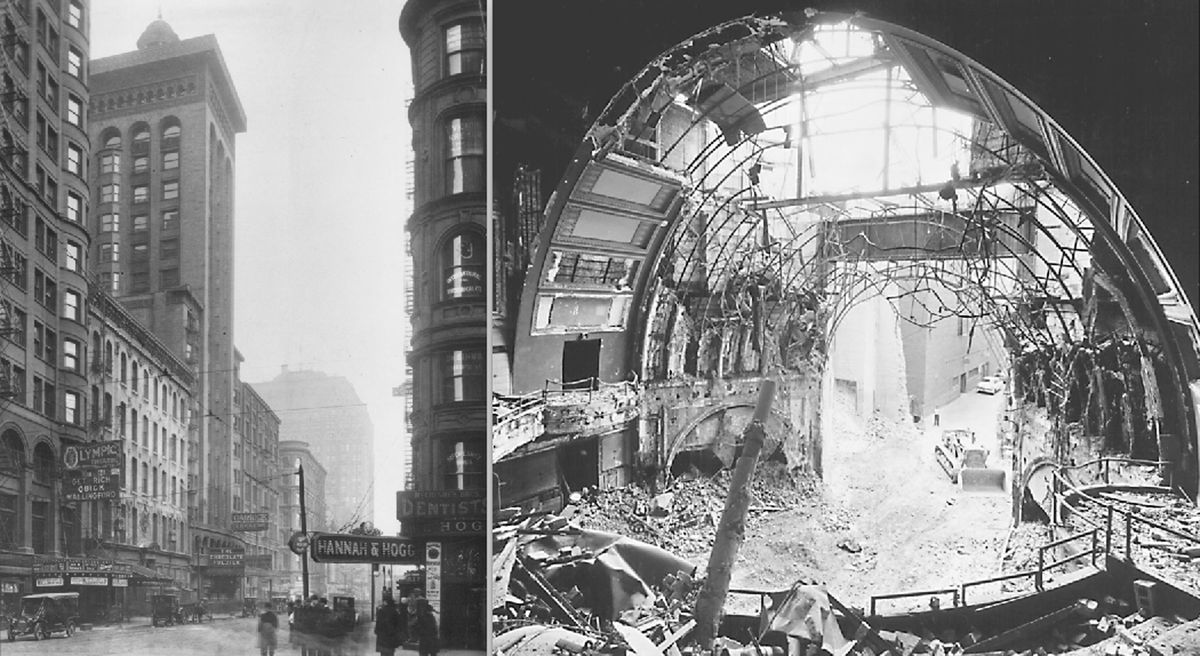 The Garrick Theater, shown early in the 20th century (left) and also photographed by preservationist Richard Nickel during its demolition (right).