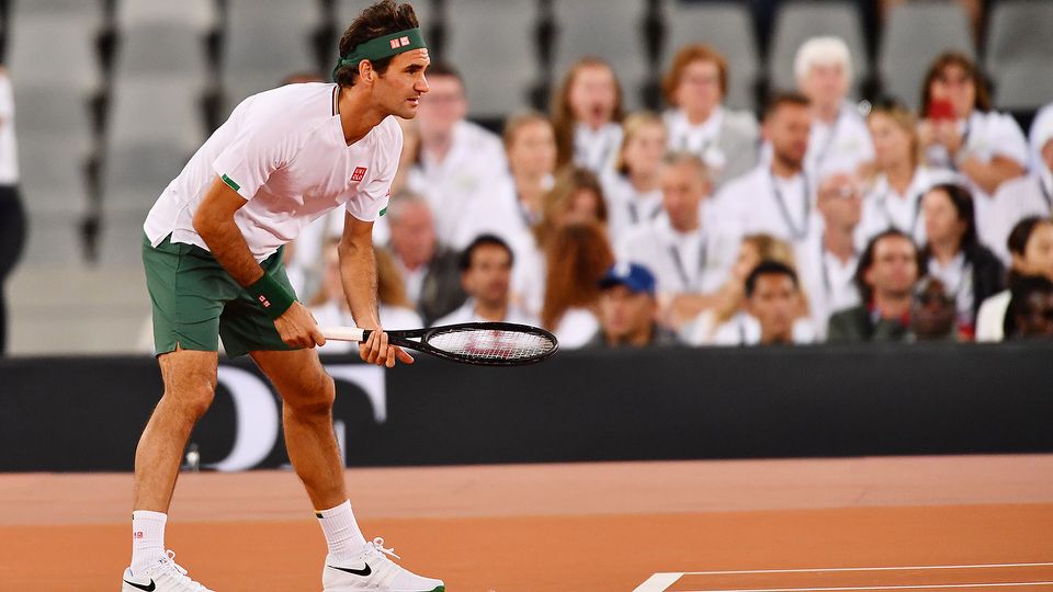 Roger Federer, pictured here at the Match in Africa against Rafael Nadal in February 2020.