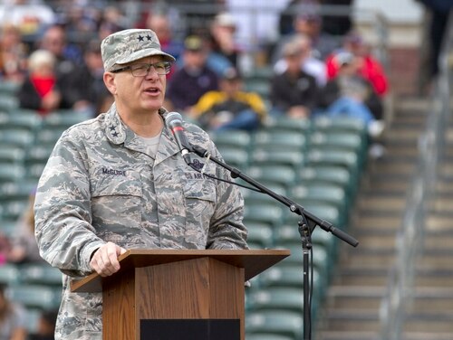 Maj. Gen. Michael T. McGuire, the adjutant general of the Arizona National Guard, delivers comments to onlooking soldiers and airmen during the 2018 Arizona National Guard Muster on Dec. 2, 2018, at the Kino Sports Complex in Tucson, Ariz. (Sgt. Richard Hoppe/Army)