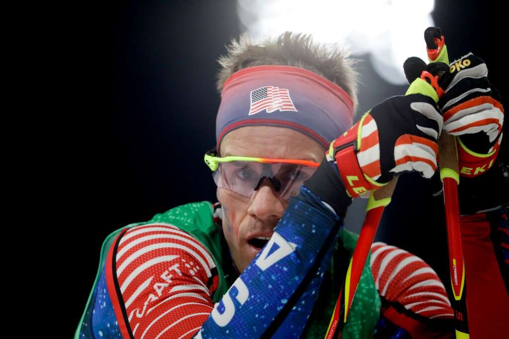 Simi Hamilton finishes the men's team sprint freestyle semifinal cross-country skiing competition at the 2018 Winter Olympics in Pyeongchang, South Korea, Wednesday, Feb. 21, 2018. (AP Photo/Matthias Schrader)