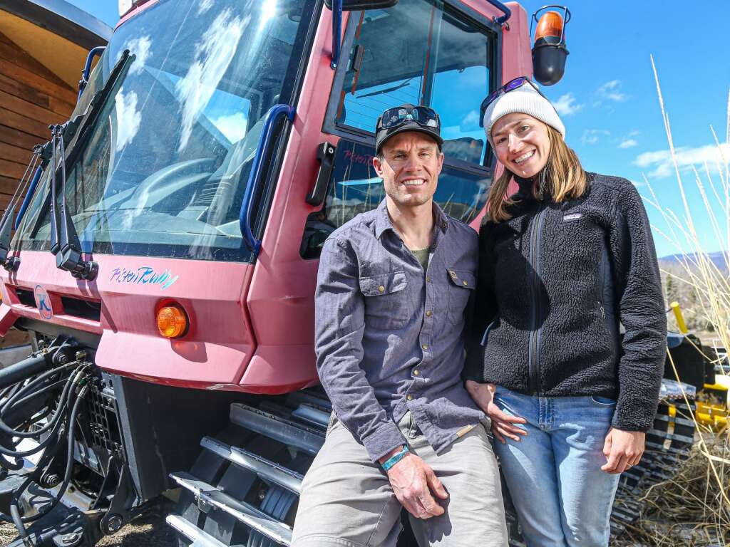 Simi Hamilton and Sophie Caldwell Hamilton on Monday, April 12, 2021, near the AVSC Clubhouse in Aspen. Photo by Austin Colbert/The Aspen Times.