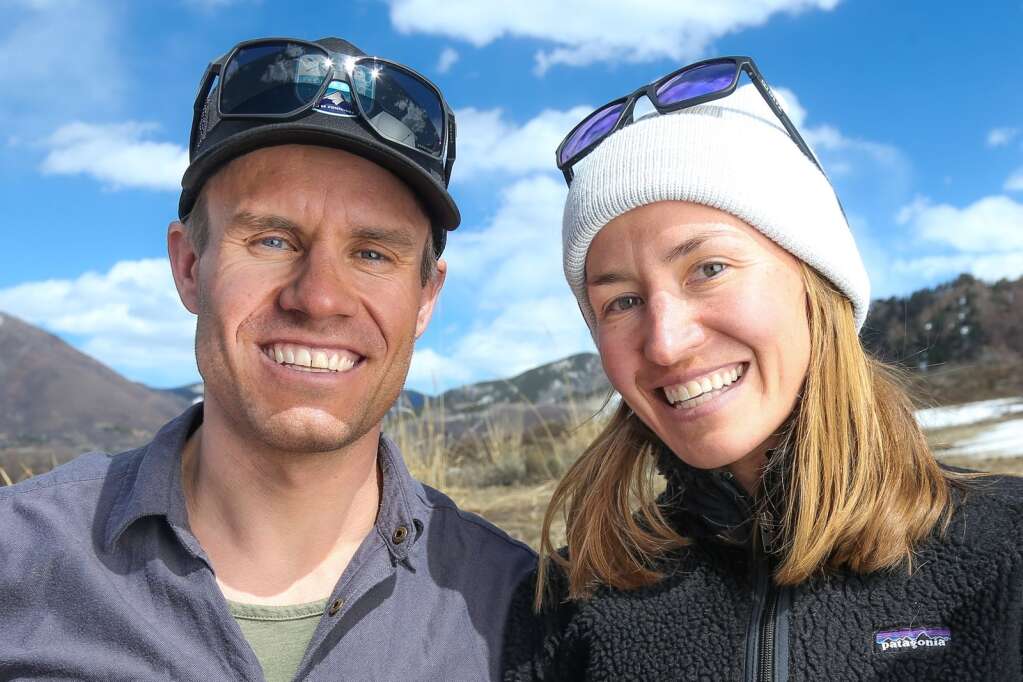 Simi Hamilton and Sophie Caldwell Hamilton on Monday, April 12, 2021, near the AVSC Clubhouse in Aspen. Photo by Austin Colbert/The Aspen Times.