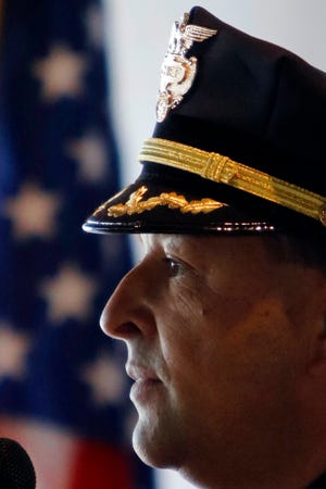 In this file photo, New New Bedford Police Chief Joseph C. Cordeiro speaks with those in attendance after being sworn in at the Whaling Museum in New Bedford.