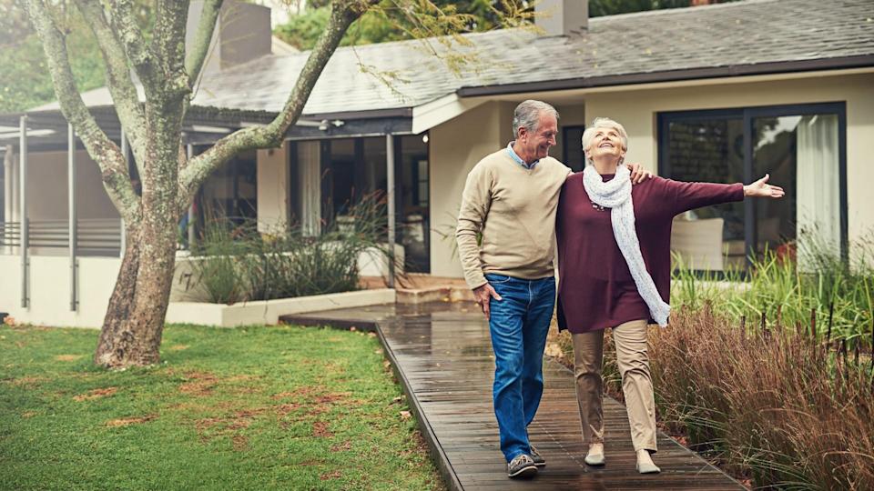 Shot of a loving senior couple taking a walk outside.