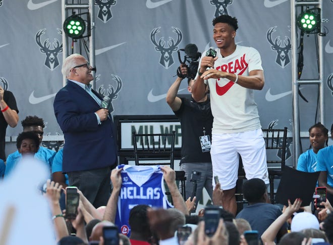 The Bucks' Giannis Antetokounmpo answers questions from broadcaster Jim Paschke during Antetokounmpo's 2019 MVP celebration.