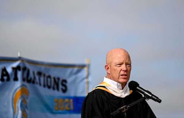 GREELEY, CO - MAY 22:Greeley-Evans School District 6 Board Member John Haefeli speaks during the Greeley West High School Class of 2021 Commencement Ceremony at District 6 Stadium in Greeley May 22, 2021. (Alex McIntyre/Staff Photographer)