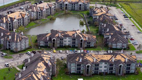 Roof damage is seen in the aftermath of Hurricane Ida, Monday, Aug. 30, 2021, in Houma, La. The weather died down shortly before dawn. (AP Photo/David J. Phillip)