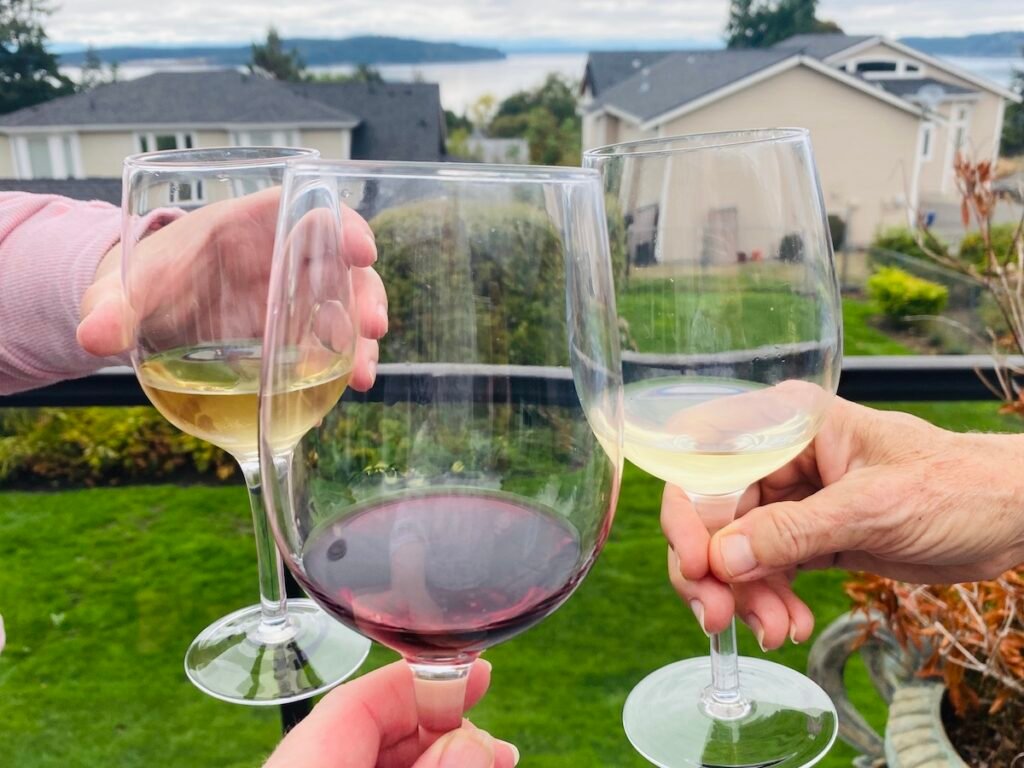 Toasting wine glasses with neighbors.